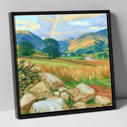 Rainbow Over a Sunlit Valley lake district sky canvas wall art in black frame
