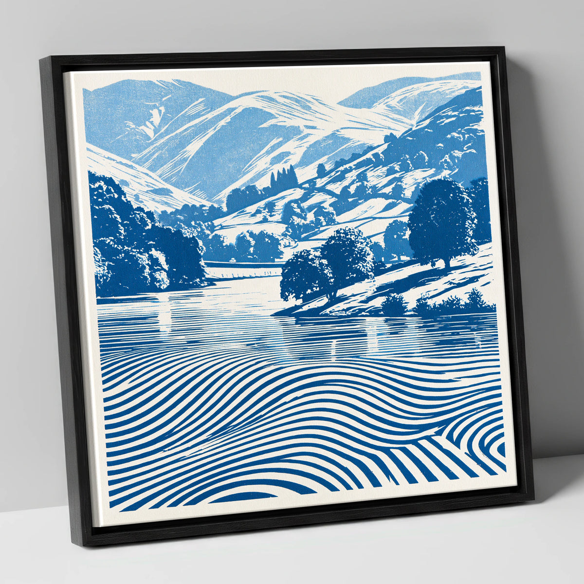 Grasmere in Cobalt Blue lake district lake canvas wall art in black frame