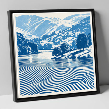 Grasmere in Cobalt Blue lake district lake canvas wall art in black frame