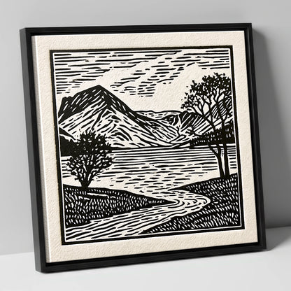Graphic Monochrome Buttermere Fells lake district lake canvas wall art in black frame