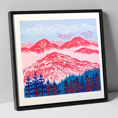 Red Misty Mountain Ridge lake district fell canvas wall art in black frame