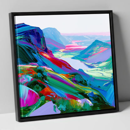 Vibrant Summit Valley View lake district fell canvas wall art in black frame