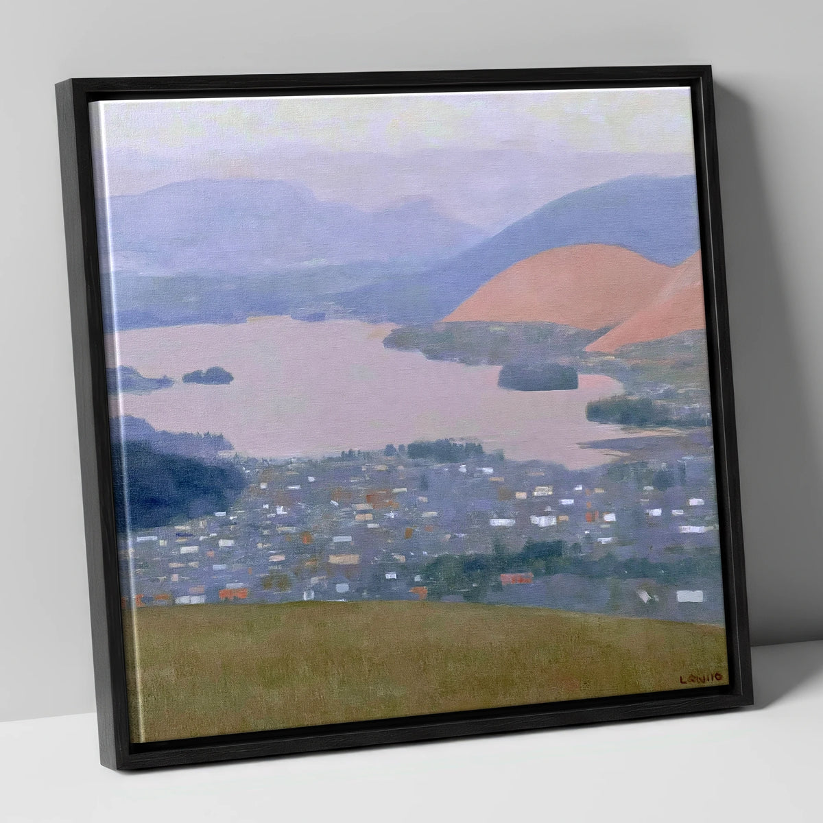 Keswick and Derwentwater Pastel Dusk lake district village canvas wall art in black frame