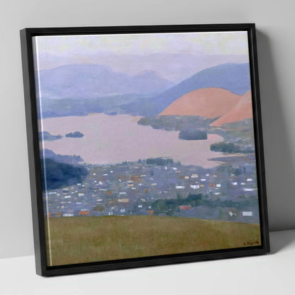 Keswick and Derwentwater Pastel Dusk lake district village canvas wall art in black frame