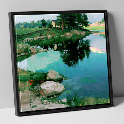 Lakeside Cottage And Turquoise Reflections lake district lake canvas wall art in black frame