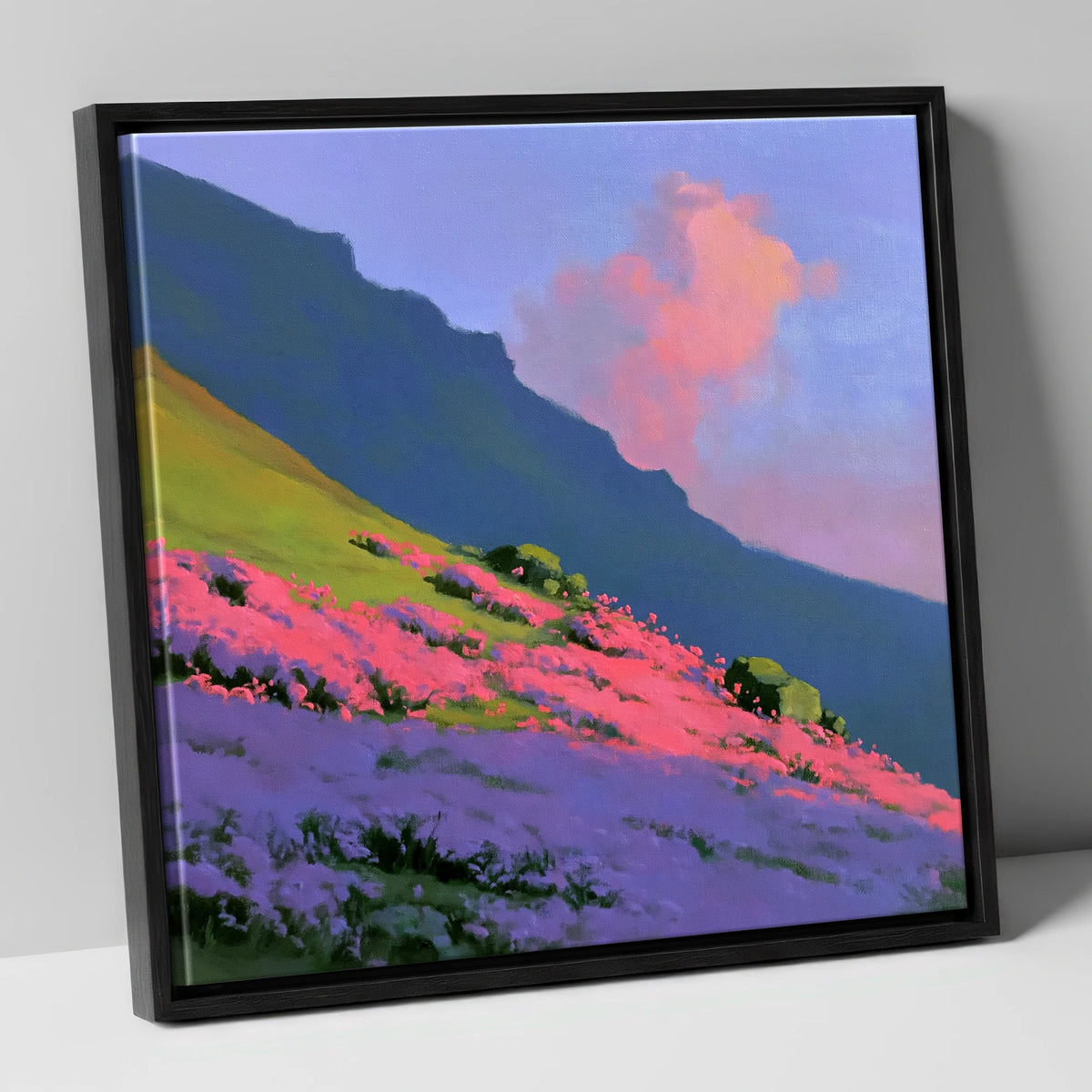 Vibrant Pink Heather Fellside flowers & fellsides canvas wall art in black frame