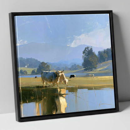 Highland Cattle Lakeshore Reflections lake district wildlife canvas wall art in black frame