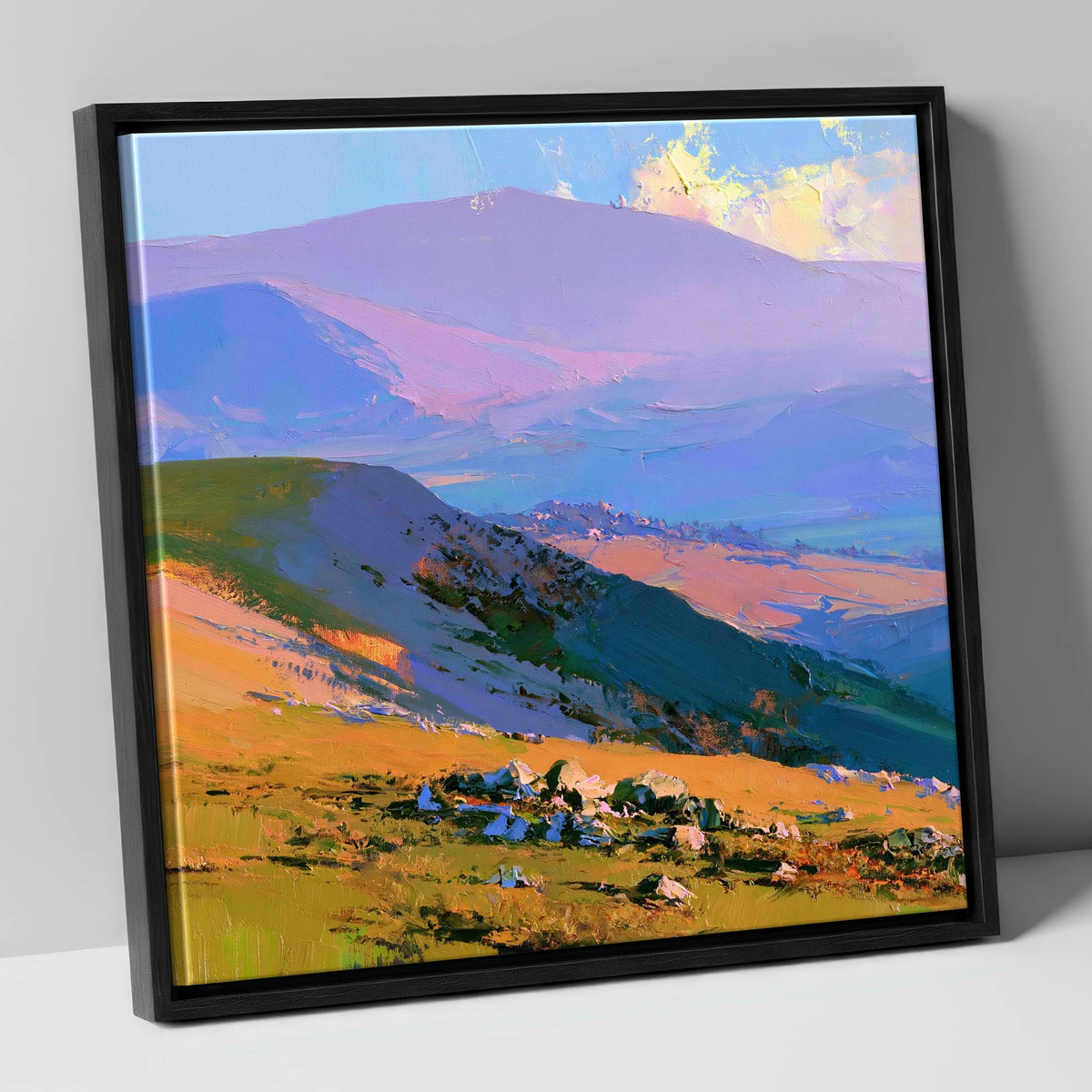 Sunlit Summit and Purple Fells lake district fell canvas wall art in black frame