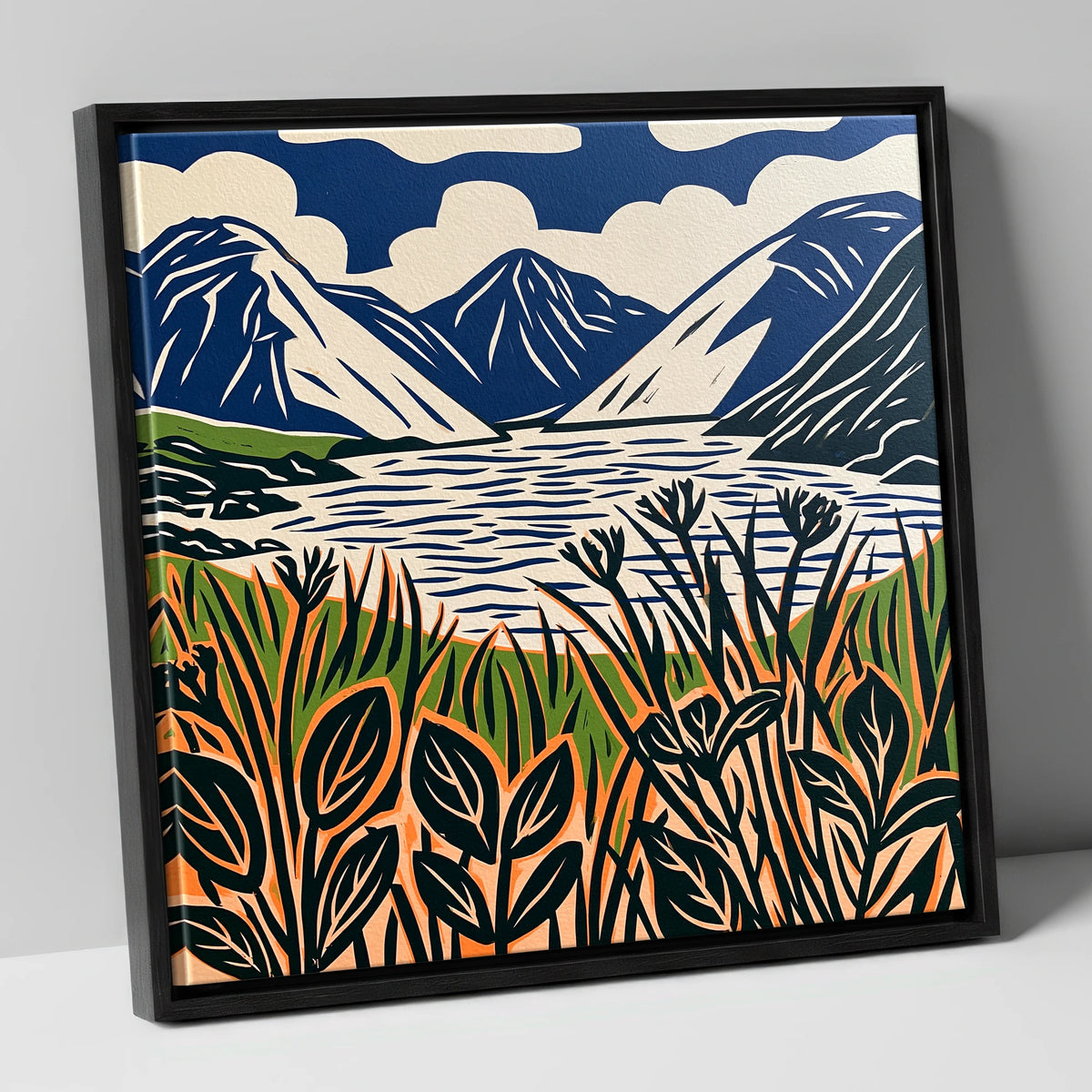 Wastwater in Navy and Orange lake district lake canvas wall art in black frame