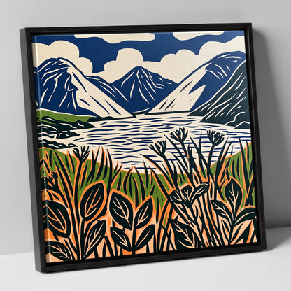Wastwater in Navy and Orange lake district lake canvas wall art in black frame