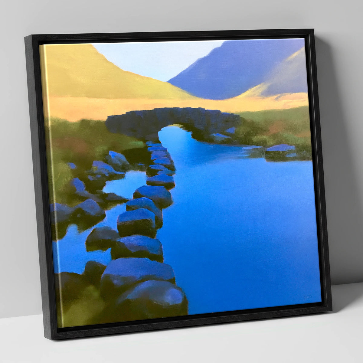 Vibrant Blue Stream and Bridge lake district waterfall canvas wall art in black frame