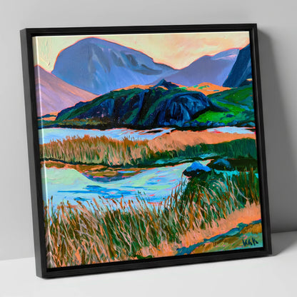 Vivid Tarn Beneath Haystacks lake district fell canvas wall art in black frame