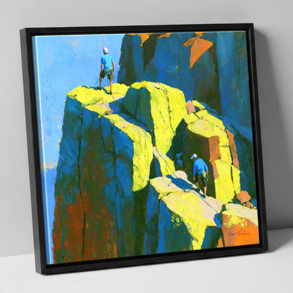 Mountaineers on a Sunlit Crag Pinnacle lake district walking canvas wall art in black frame