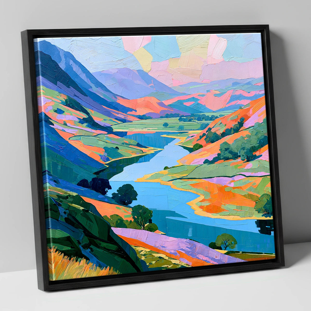 Vibrant Valley Lake and Fells lake district lake canvas wall art in black frame