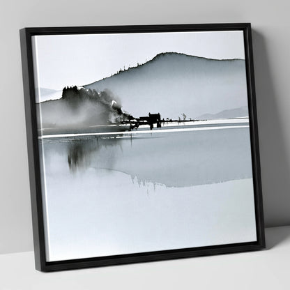 Monochrome Calm Lake Reflections lake district lake canvas wall art in black frame