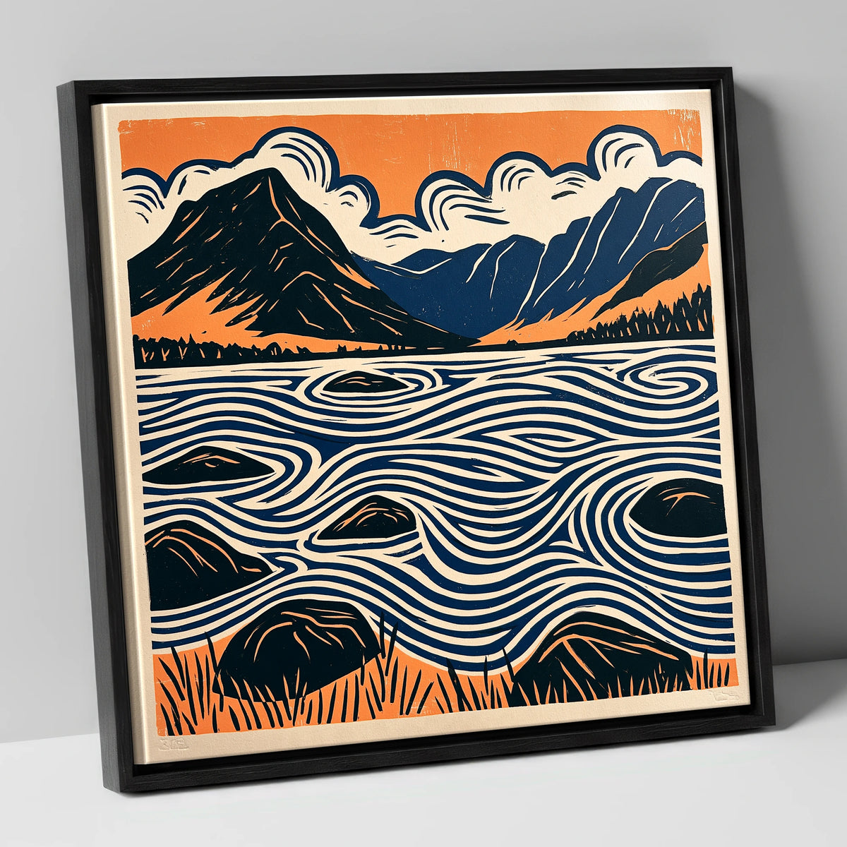 Crummock Water with Swirling Waves lake district lake canvas wall art in black frame