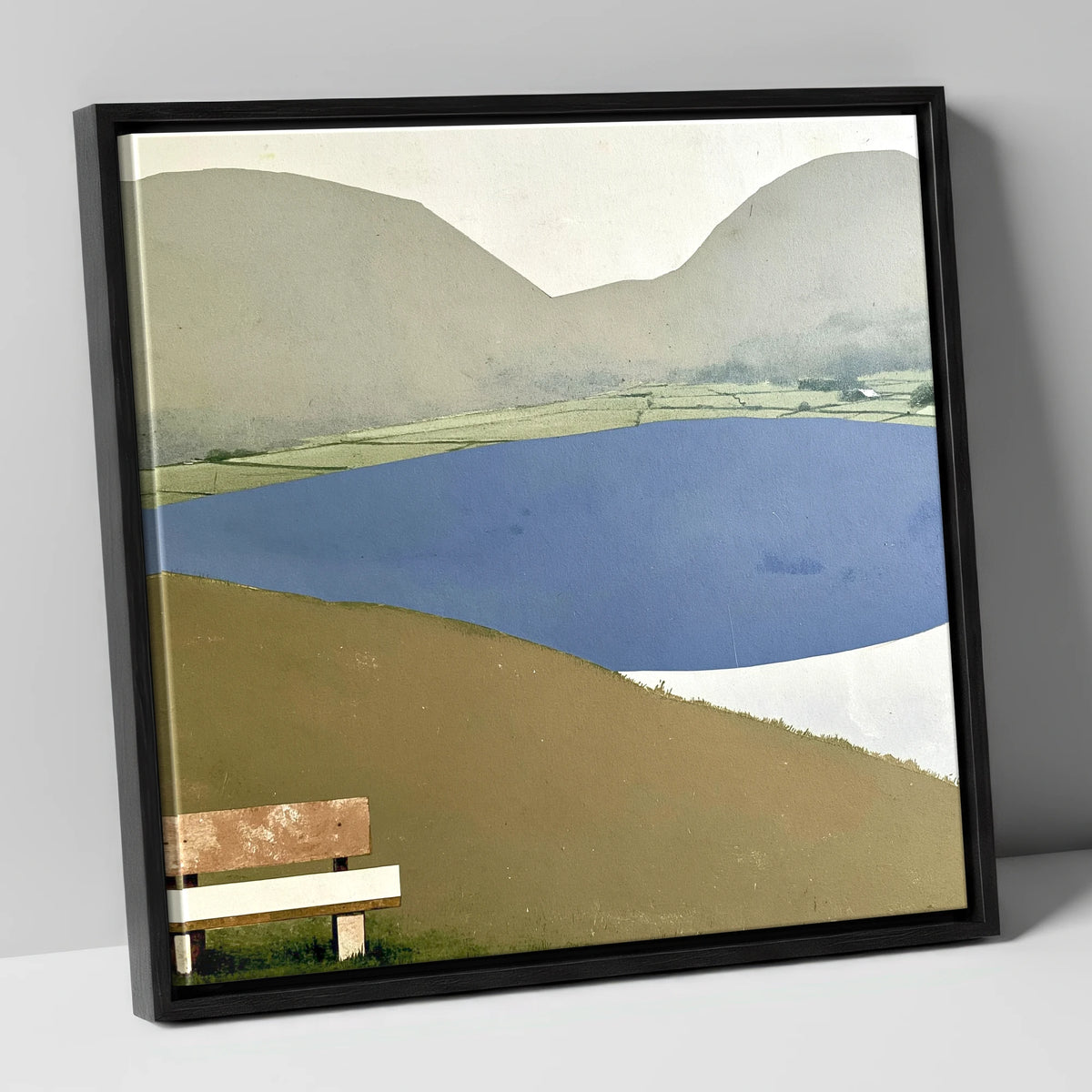 Bench Above Slate Blue Loweswater lake district lake canvas wall art in black frame