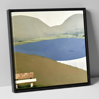 Bench Above Slate Blue Loweswater lake district lake canvas wall art in black frame