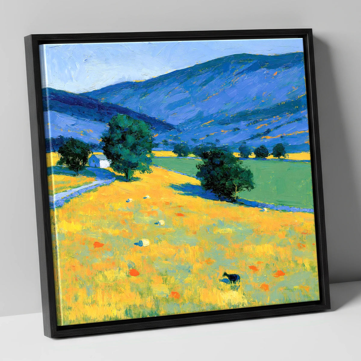 Golden Evening Fells and Pastures lake district sky canvas wall art in black frame