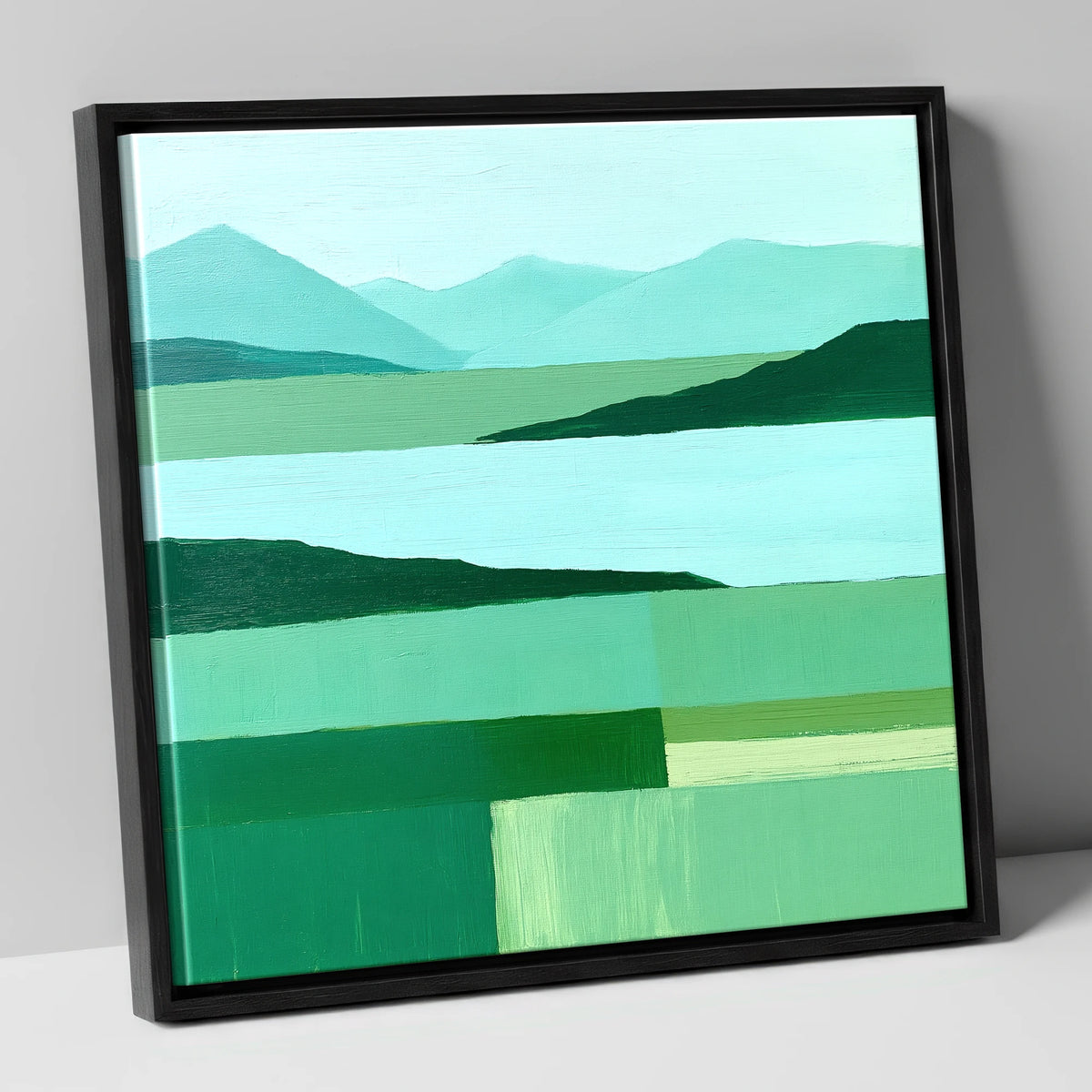 Coniston Water in Abstract Green lake district village canvas wall art in black frame