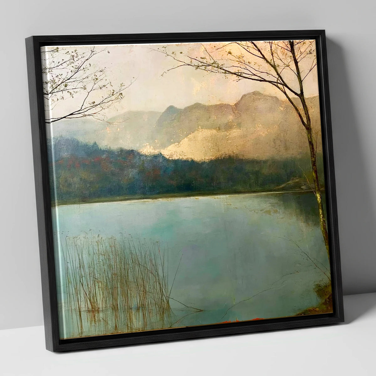 Gilded Light Over Elter Water lake district lake canvas wall art in black frame