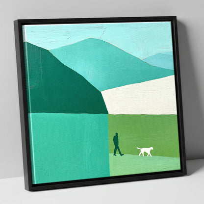 Braithwaite Dog Walker in Teal gifts for dog walkers canvas wall art in black frame