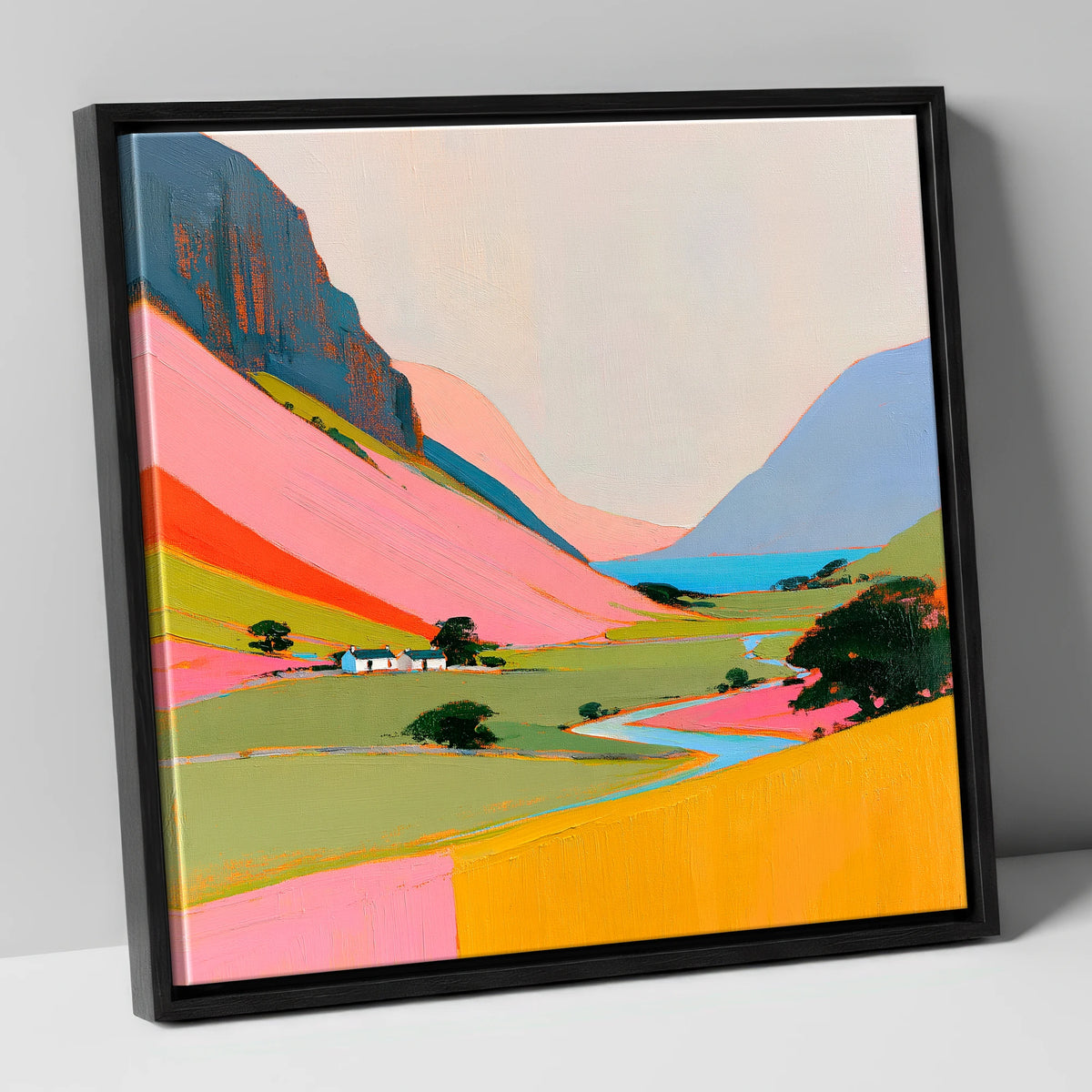 Colourful Valley Between the Fells lake district valley canvas wall art in black frame