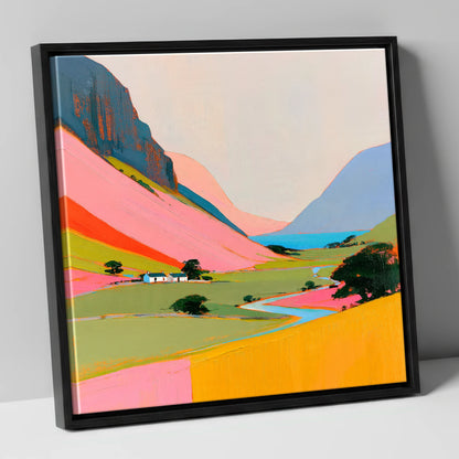 Colourful Valley Between the Fells lake district valley canvas wall art in black frame