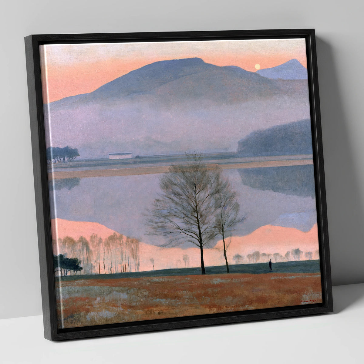 Lake Reflection in Pink Twilight lake district lake canvas wall art in black frame