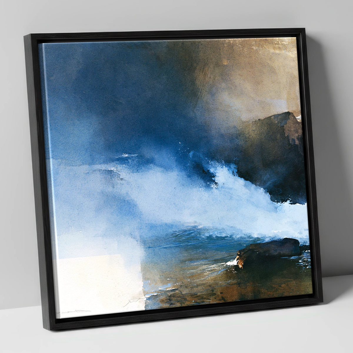 Stormy Blue Fellside Beck lake district waterfall canvas wall art in black frame