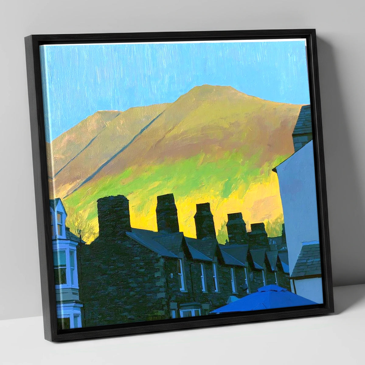 Keswick Chimneys and Sunlit Skiddaw lake district village canvas wall art in black frame
