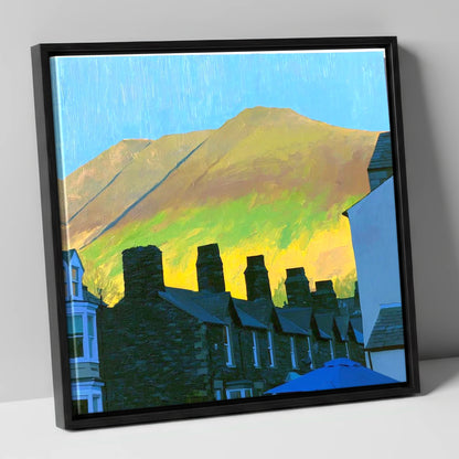 Keswick Chimneys and Sunlit Skiddaw lake district village canvas wall art in black frame