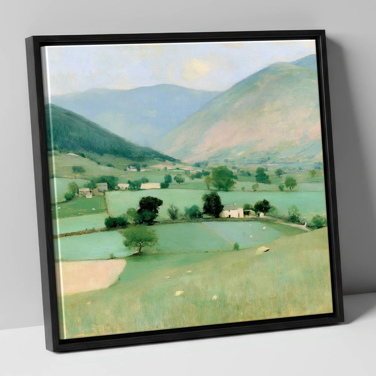 Patchwork Fields Beneath Hazy Fells lake district valley canvas wall art in black frame