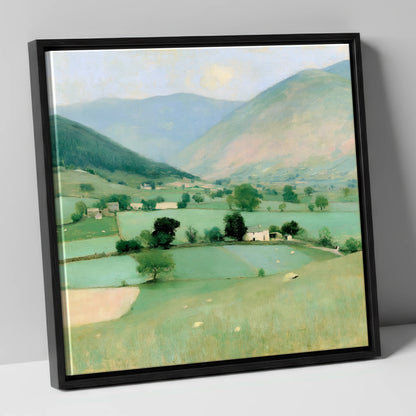 Patchwork Fields Beneath Hazy Fells lake district valley canvas wall art in black frame