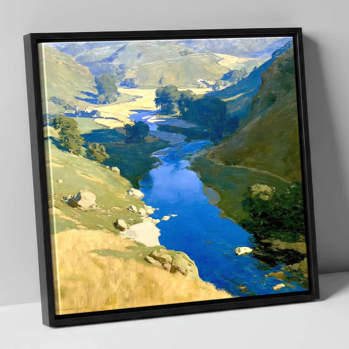 Vivid Blue Winding River Valley lake district waterfall canvas wall art in black frame