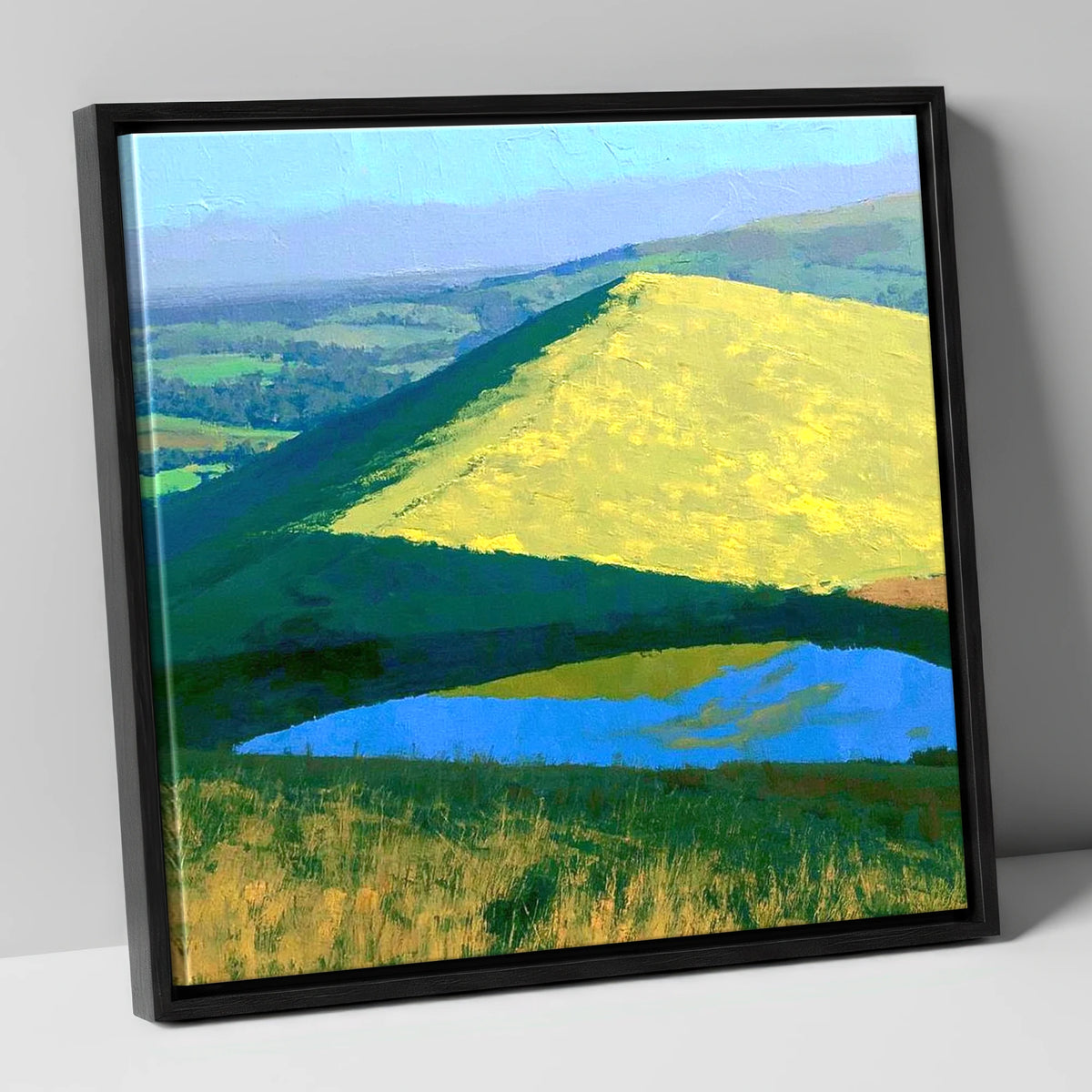 Bright Sunlight on Longlands Fell lake district fell canvas wall art in black frame