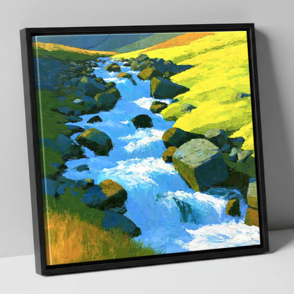Sparkling Mountain Beck in High Summer lake district waterfall canvas wall art in black frame