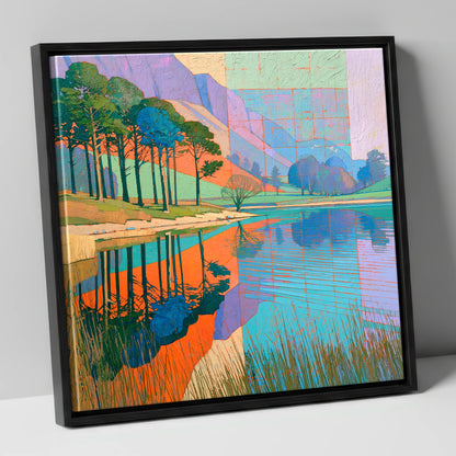Bold Pine Tree Reflections lake district lake canvas wall art in black frame