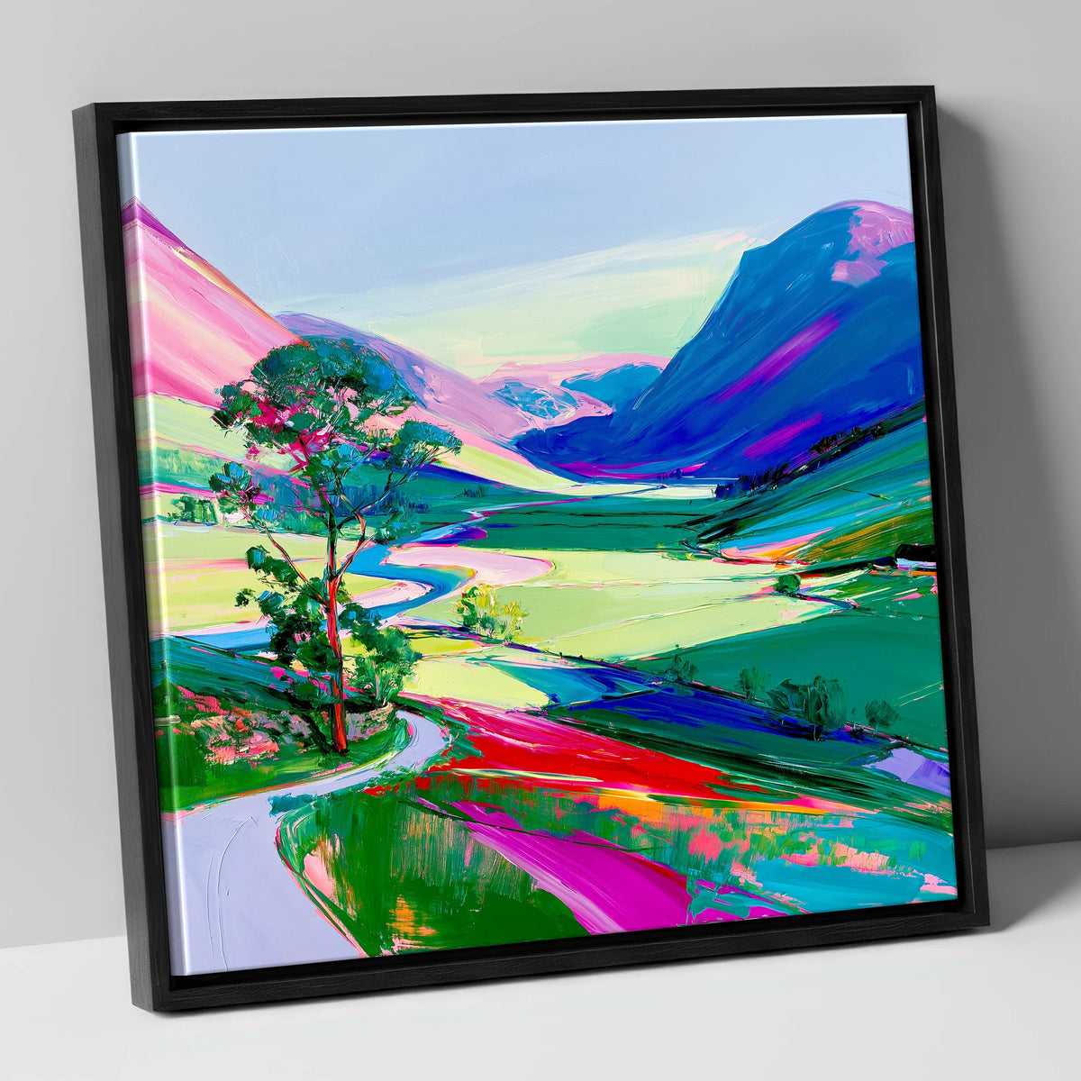 Vibrant Valley Road Beneath Pink Fells lake district valley canvas wall art in black frame