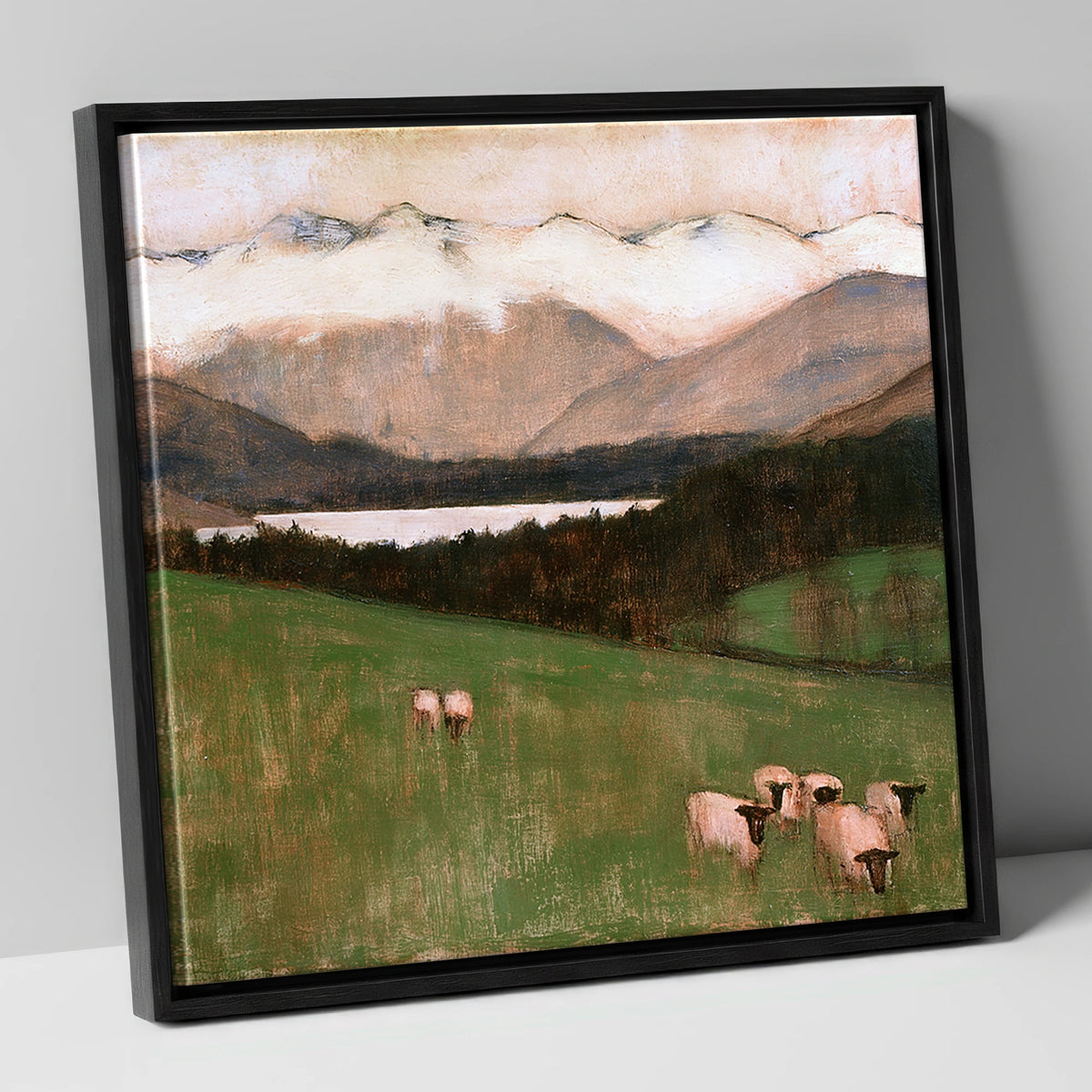 Hawkshead Pasture in Warm Light lake district village canvas wall art in black frame