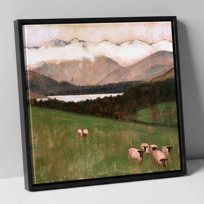 Hawkshead Pasture in Warm Light lake district village canvas wall art in black frame