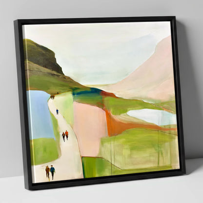 Walkers on a Bright Mountain Path lake district walking canvas wall art in black frame