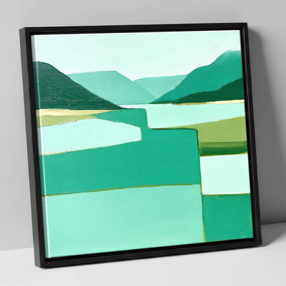 Abstract Teal Lake And Fells lake district lake canvas wall art in black frame