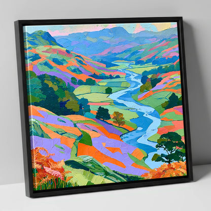 Vibrant Lake District River Valley lake district waterfall canvas wall art in black frame
