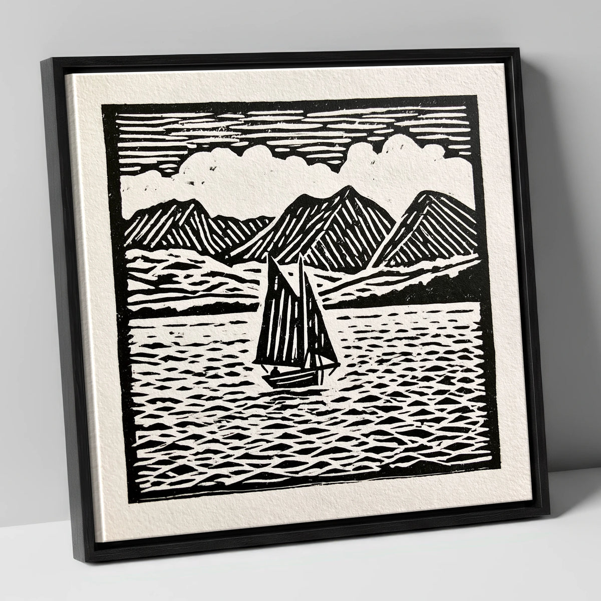 Monochrome Sailing Boat on Windermere lake district lake canvas wall art in black frame