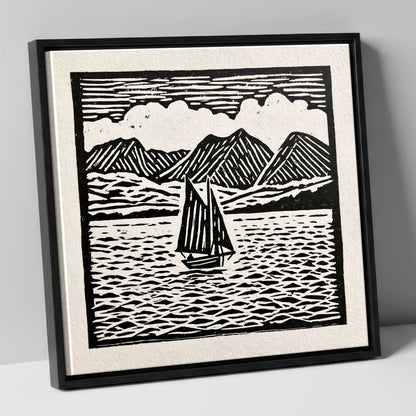 Monochrome Sailing Boat on Windermere lake district lake canvas wall art in black frame