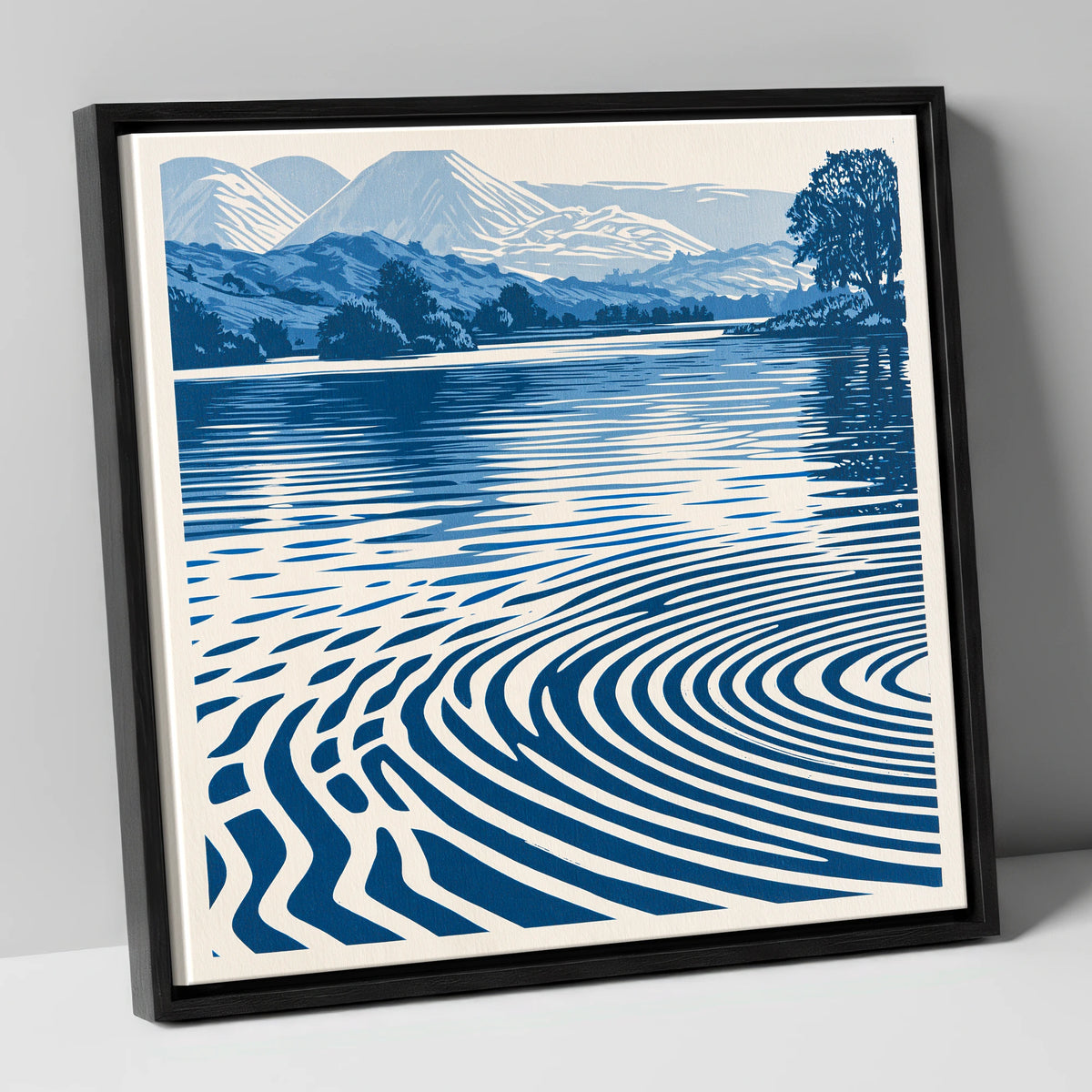 Calm Lake Ripples in Cobalt lake district lake canvas wall art in black frame