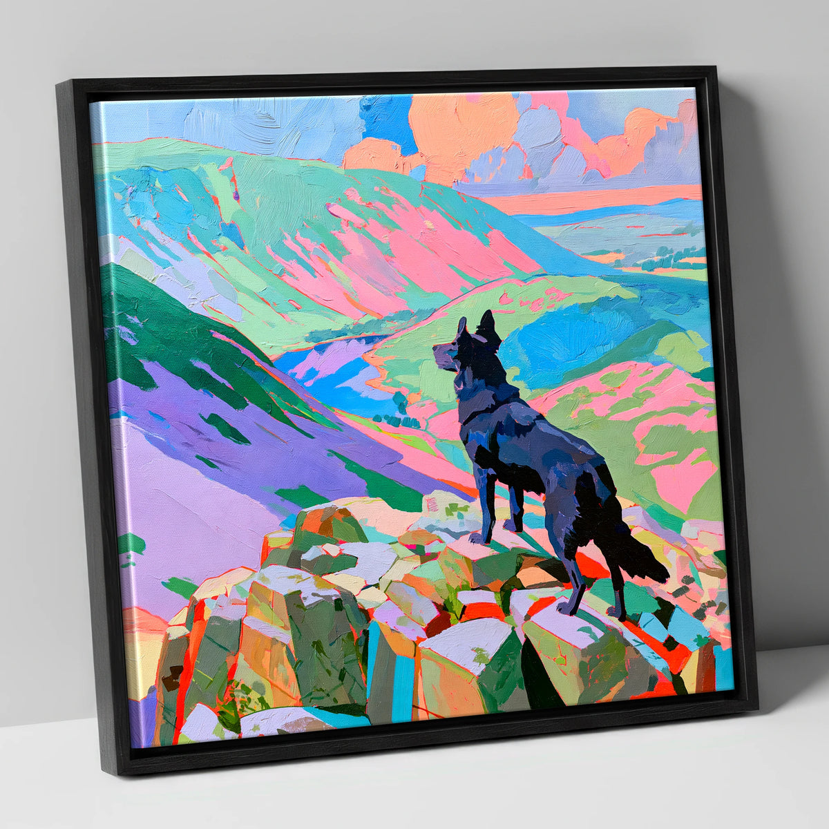 Black Dog on Vibrant Haystacks haystacks wall art canvas wall art in black frame