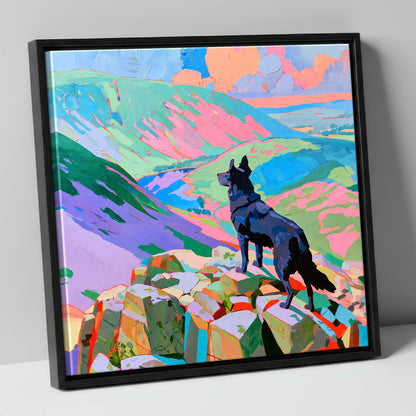 Black Dog on Vibrant Haystacks haystacks wall art canvas wall art in black frame