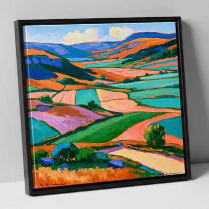 Vibrant Dale Patchwork Fields lake district valley canvas wall art in black frame